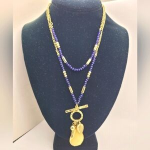 Vintage Amber Teardrop with Gold Tone Leaves and Blue Beads Necklace